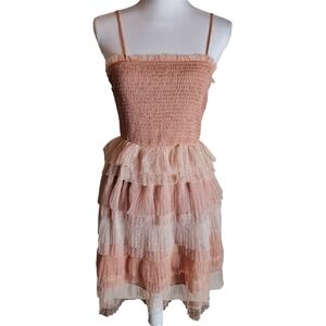 Storia Rose Beige Ivory Tulle Tiered Mini Dress Sz M Smocked Adjustable Straps